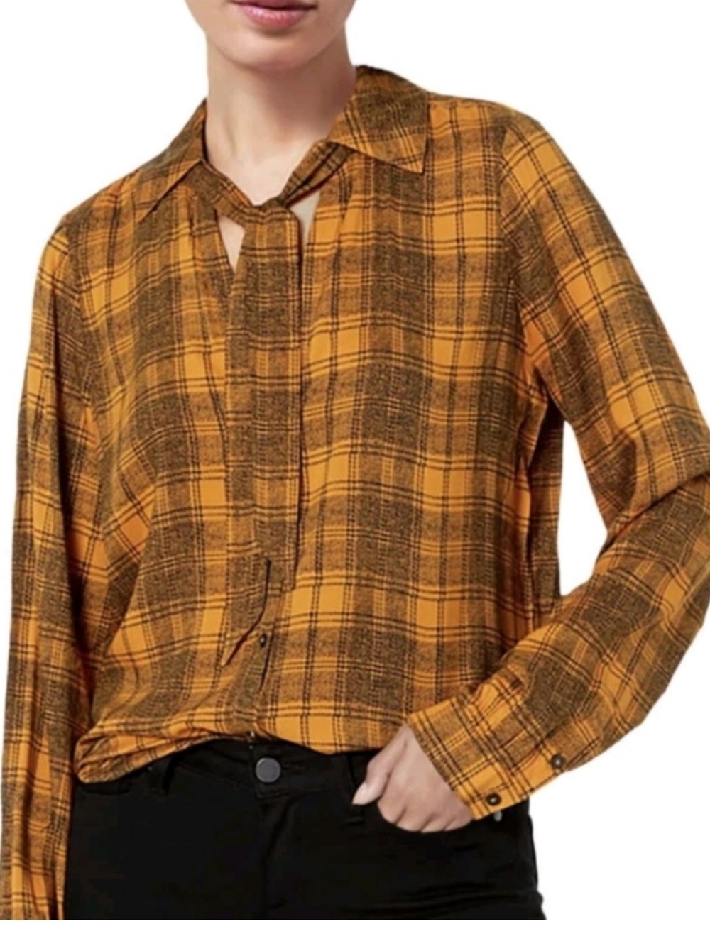 Paige Taryn Shirt Marled Plaid Bow Tie Marigold S